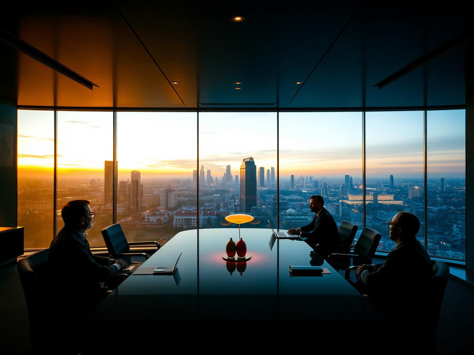 Corporate travel managers reviewing an itinerary in a Bengaluru boardroom at twilight