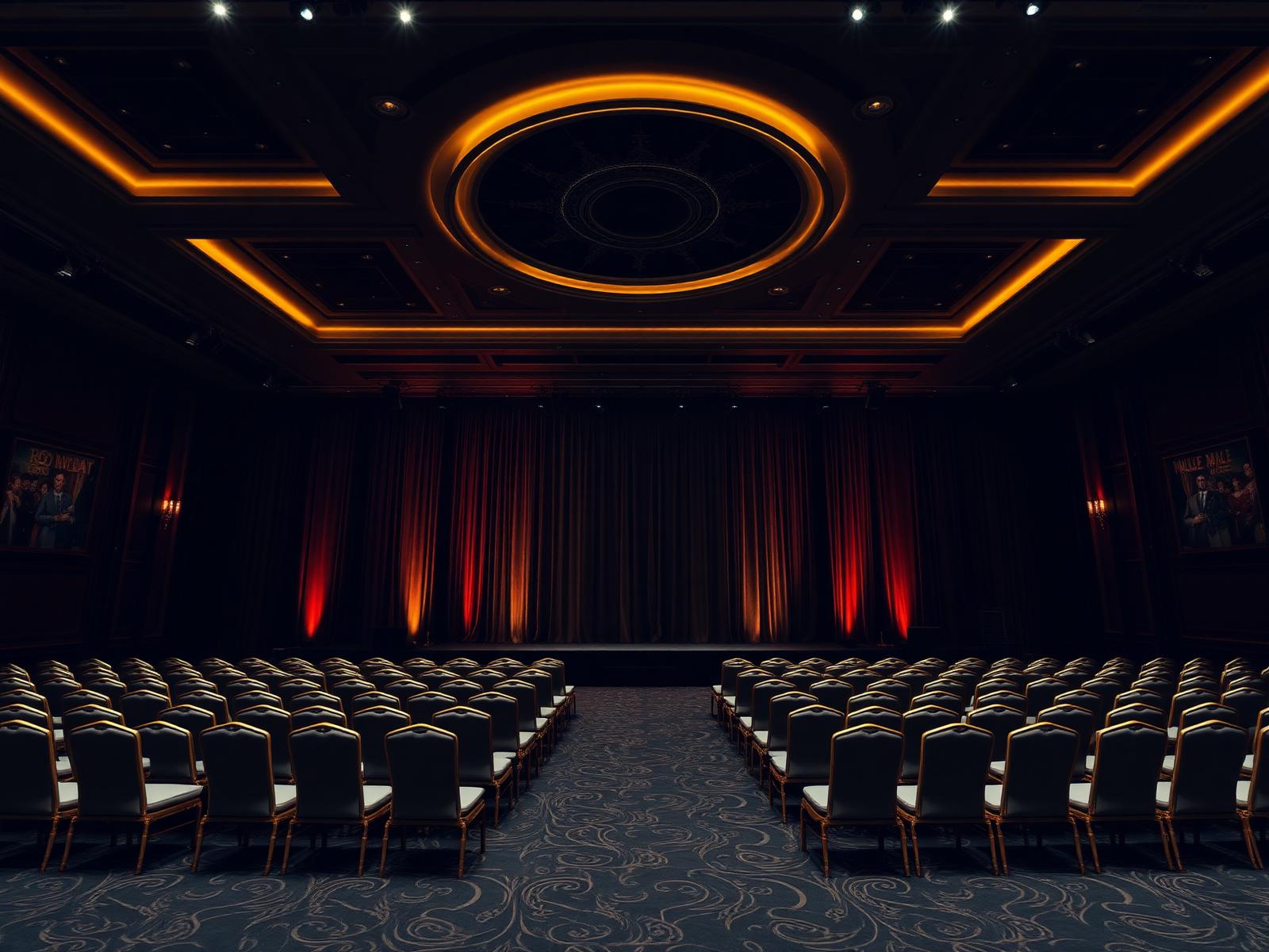 Elegant corporate MICE conference ballroom with warm uplighting